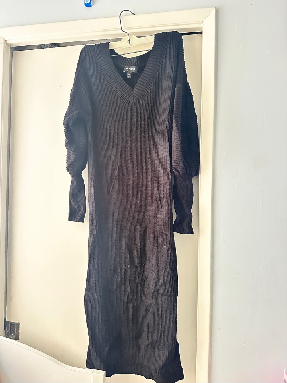 Express Black Ribbed V-Neck Sweater Dress
